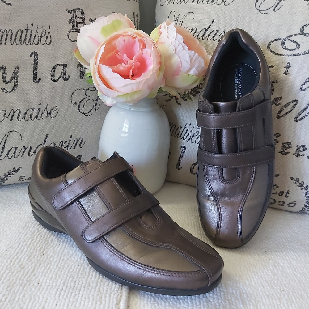 Rockport leather sneakers comfort shoes metallic brown bronze velcro